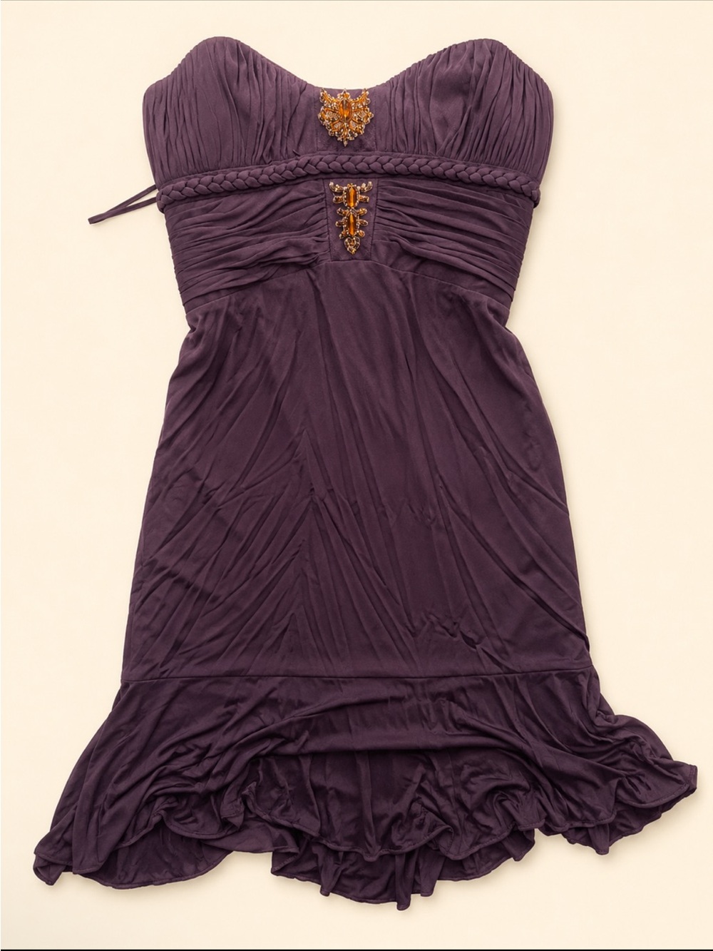 Badgley Mischka Strapless Plum Evening Dress with Gold Accents